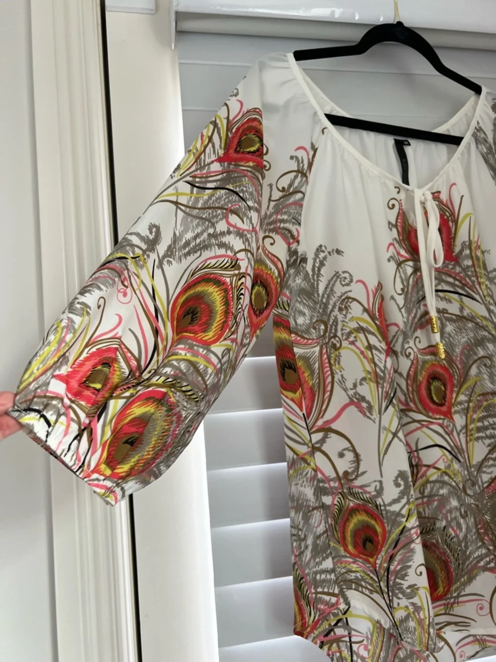 Women's White Peasant Blouse with Multicolor Feather Print - Picture 2 of 7